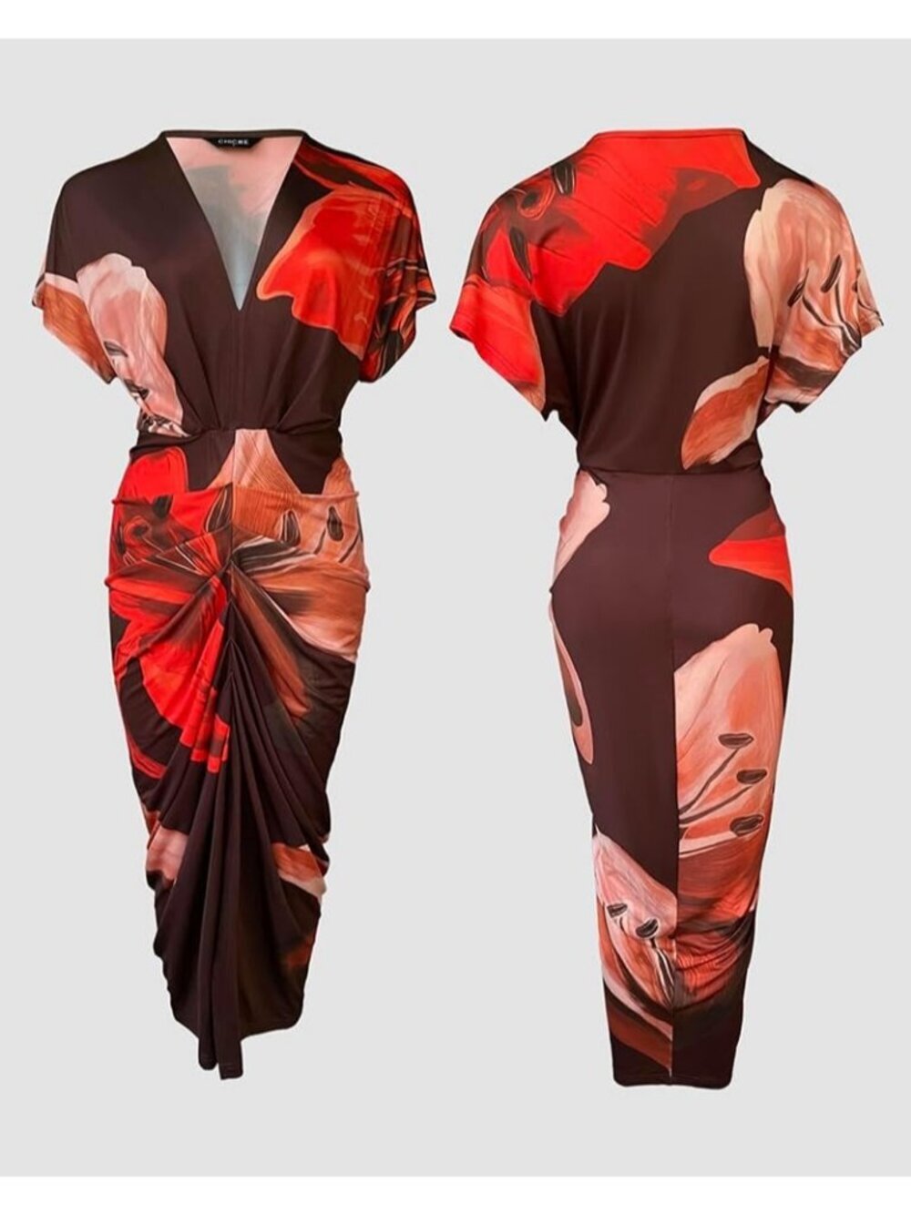 Women's Brown Polyester Elastane Floral Print V Neck Slit Bodycon Midi Dress - Picture 5 of 6